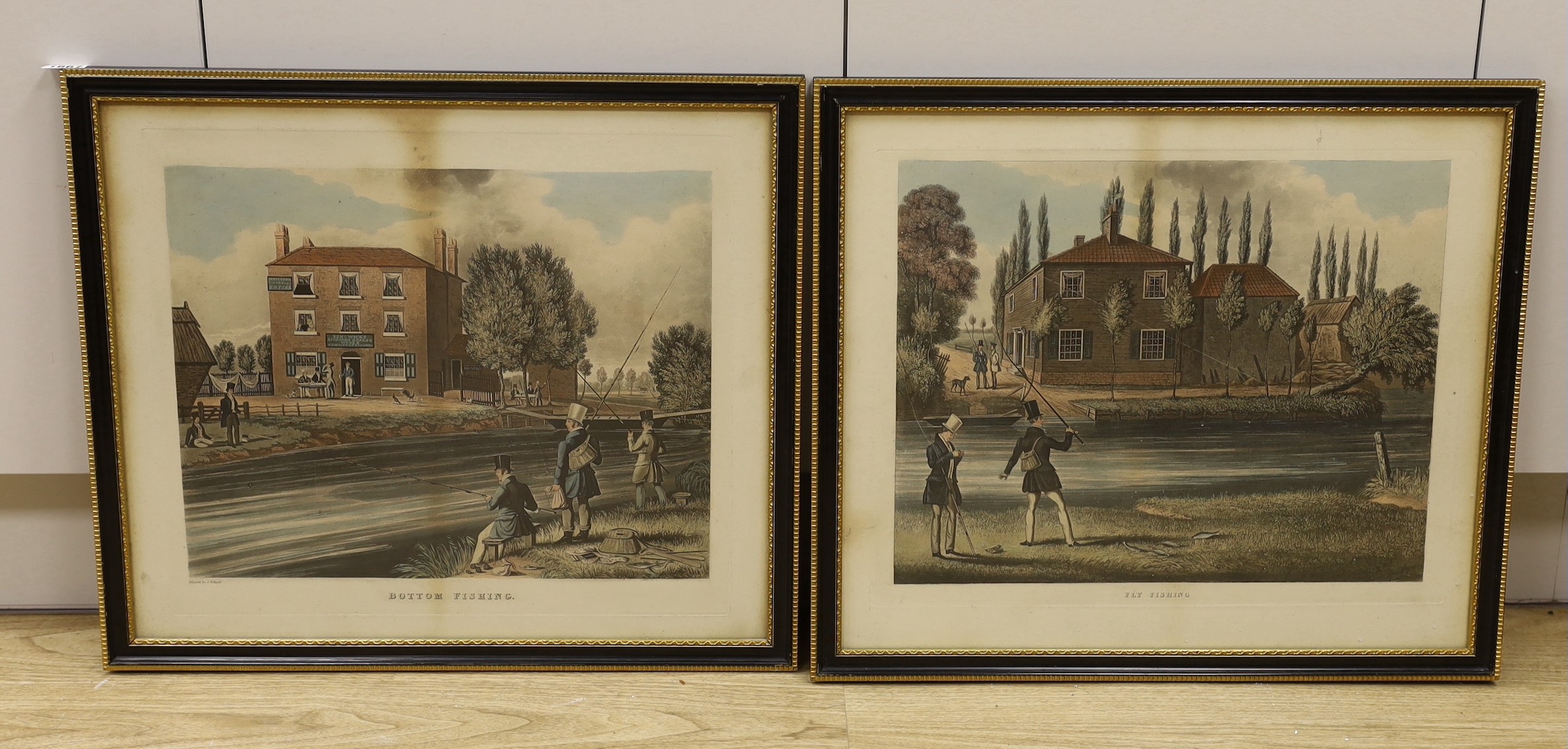 After James Pollard, late 19th century, coloured print, ‘Bottom Fishing’ and ‘Fly Fishing’, 38 x 47cm